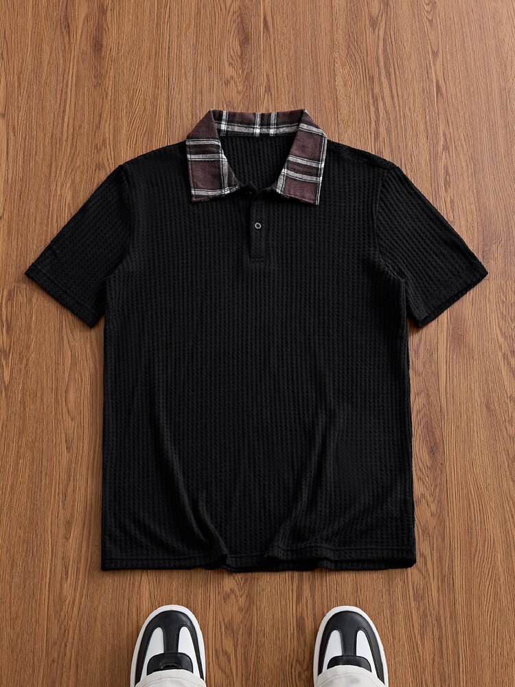 ESTAVOR Camisa polo casual de verano para hombre con estampado de cuadros y patchwork - Negro - Añade 2