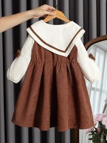 SHEIN Elladie kids 少女休閒方領蝴蝶結長袖收腰洋裝，適合日常穿著、休閒場合，可搭配風衣、夾克與鋪棉外套，秋冬適用 - 棕色 - 查看 2