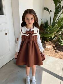 SHEIN Elladie kids 少女休閒方領蝴蝶結長袖收腰洋裝，適合日常穿著、休閒場合，可搭配風衣、夾克與鋪棉外套，秋冬適用 - 棕色 - 查看 1