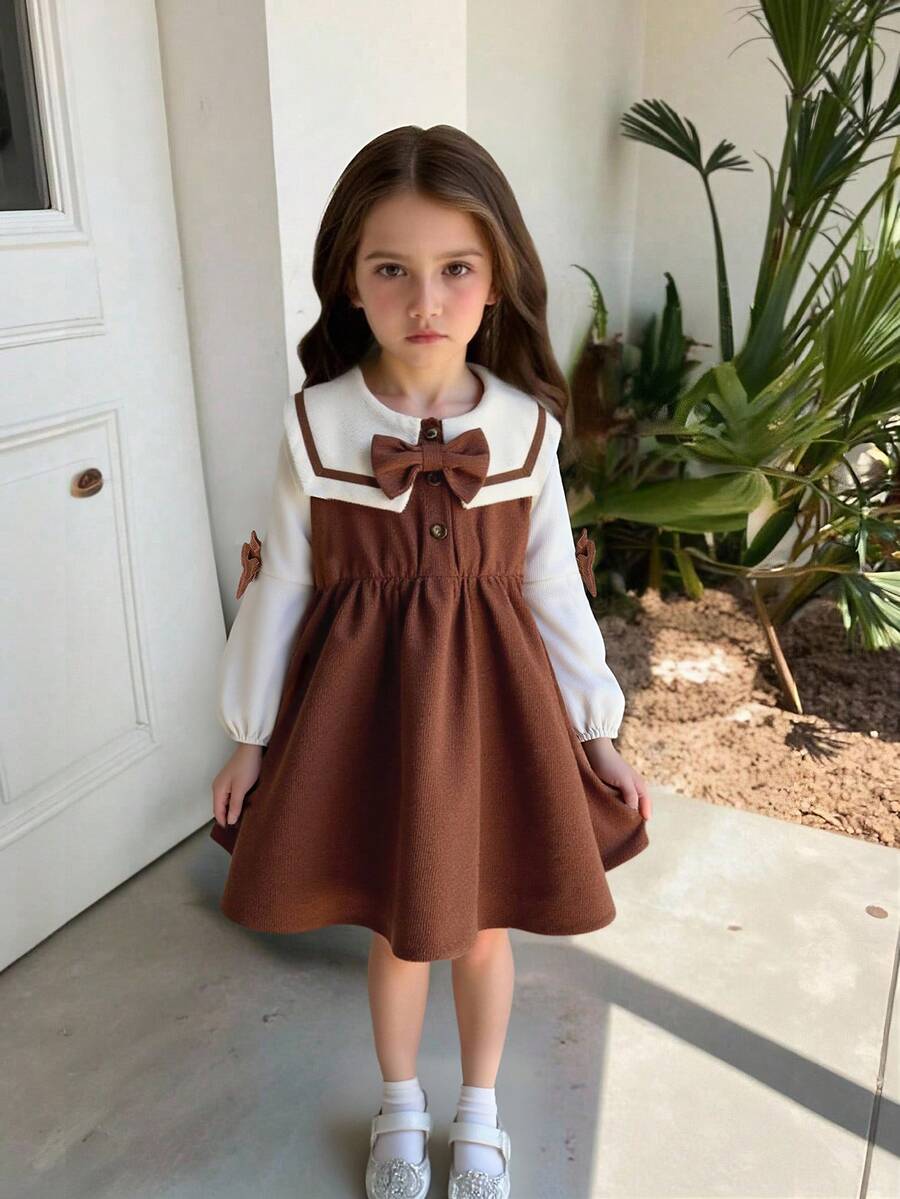 SHEIN Elladie kids 少女休閒方領蝴蝶結長袖收腰洋裝,適合日常穿著、休閒場合,可搭配風衣、夾克與鋪棉外套,秋冬適用 - 棕色 - 查看 1