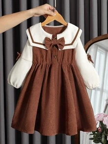 SHEIN Elladie kids 少女休閒方領蝴蝶結長袖收腰洋裝，適合日常穿著、休閒場合，可搭配風衣、夾克與鋪棉外套，秋冬適用 - 棕色 - 查看 3
