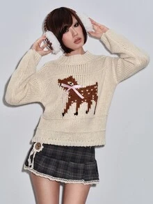 Sweetness Sweater Kasual Wanita Musim Gugur/Dingin dengan Motif Rusa dan Hiasan Pita - Aprikot - View 5