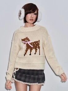 Sweetness Sweater Kasual Wanita Musim Gugur/Dingin dengan Motif Rusa dan Hiasan Pita - Aprikot - View 4