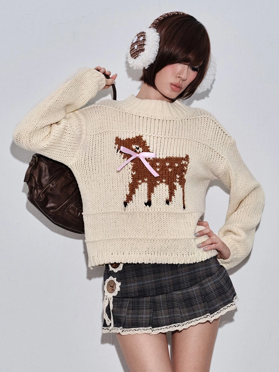 Sweetness Sweater Kasual Wanita Musim Gugur/Dingin dengan Motif Rusa dan Hiasan Pita - Aprikot - View 1