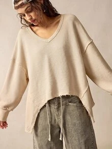 Bohemela 女款休閒純色V領長袖寬鬆水洗上衣 - 卡其色 - 查看 7