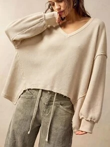 Bohemela 女款休閒純色V領長袖寬鬆水洗上衣 - 卡其色 - 查看 6