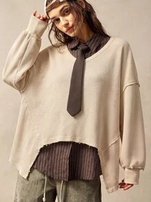 Bohemela 女款休閒純色V領長袖寬鬆水洗上衣 - 卡其色 - 查看 9