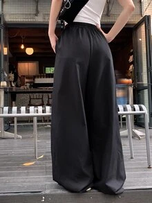 FRIFUL Women's Summer Solid Color Patchwork Sheer Lace Hollow Out Pants - Black - View 2
