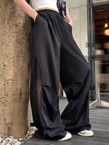 FRIFUL Women's Summer Solid Color Patchwork Sheer Lace Hollow Out Pants - Black - View 4