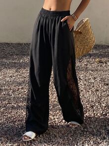 FRIFUL Women's Summer Solid Color Patchwork Sheer Lace Hollow Out Pants - Black - View 8