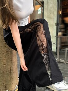 FRIFUL Women's Summer Solid Color Patchwork Sheer Lace Hollow Out Pants - Black - View 1