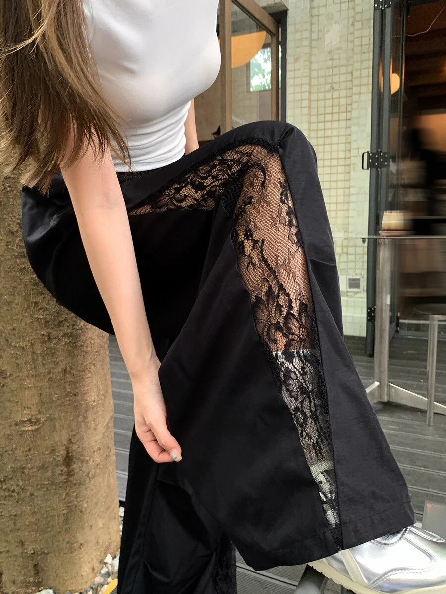 FRIFUL Women's Summer Solid Color Patchwork Sheer Lace Hollow Out Pants - Black - View 1