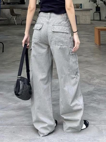 DAZY High Waist Loose Straight Leg Multi-Pocket Grey Washed Denim Fabric Cargo Style Casual Women's Jeans Cute Tops - Grey - View 2