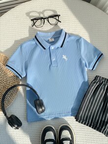 SHEIN 1件青少年男童休閒修身學院領圖案針織短袖POLO衫，適合日常穿著、上學、旅行、運動，春夏季適用 - 藍色 - 查看 4
