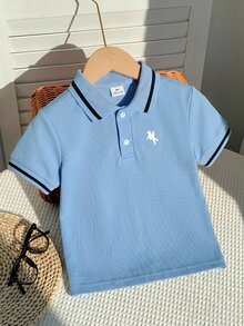 SHEIN 1件青少年男童休閒修身學院領圖案針織短袖POLO衫，適合日常穿著、上學、旅行、運動，春夏季適用 - 藍色 - 查看 6