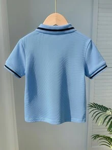 SHEIN 1件青少年男童休閒修身學院領圖案針織短袖POLO衫，適合日常穿著、上學、旅行、運動，春夏季適用 - 藍色 - 查看 2