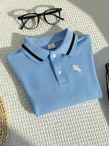 SHEIN 1件青少年男童休閒修身學院領圖案針織短袖POLO衫，適合日常穿著、上學、旅行、運動，春夏季適用 - 藍色 - 查看 3