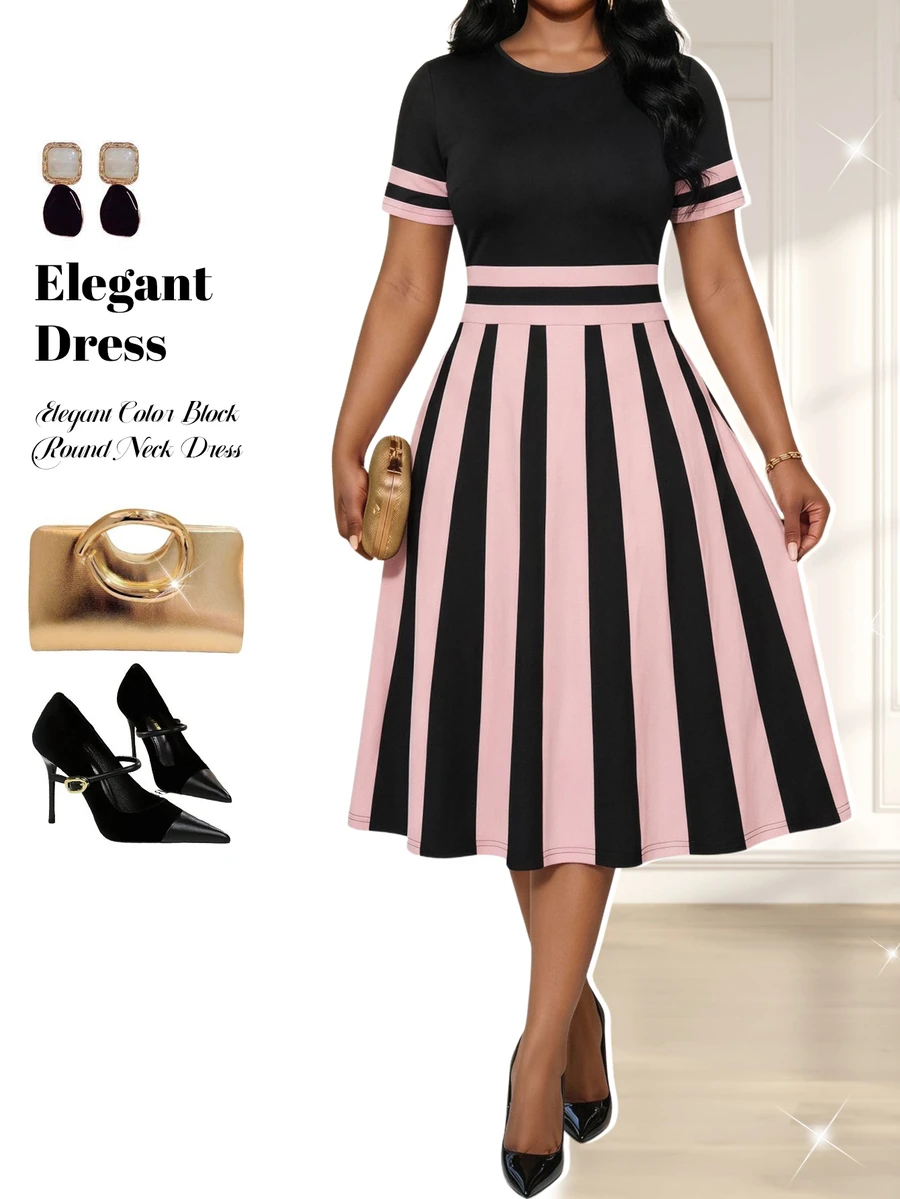 Fleurora Vestido Plus Size Feminino com Listras, Patchwork, Cores Contrastantes, Gola Redonda e Manga Curta - Multicolorido - Visão 1