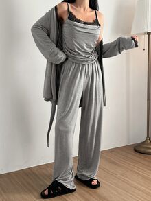 DAZY Set de 3 piezas con bata con diseño de pliegues de encaje y cinturón, top camiseta y pantalones largos, pijama para otoño e invierno - Gris - Ver 3