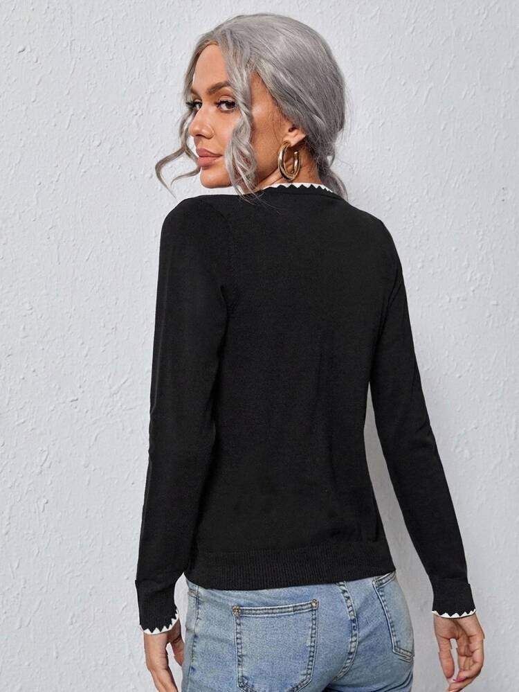 SHEIN LUNE Old Money Style Shell Trim Women's Knit Sweater, Versatile All-Match For Autumn/Winter Brunch Everyday Black And White French Casual - Multicolor - View 2