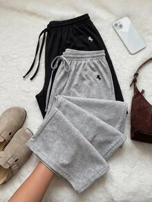 Comfortcana 2pcs Plus Size Women's Drawstring Waist Knight Print Casual Traditional Western Versatile Daily Formal Vacation Home Wear Long Pants Black Grey Summer - Multicolor - View 9