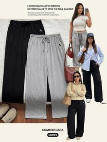 Comfortcana 2pcs Plus Size Women's Drawstring Waist Knight Print Casual Traditional Western Versatile Daily Formal Vacation Home Wear Long Pants Black Grey Summer - Multicolor - View 8