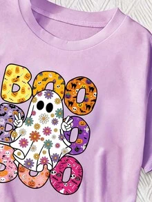Tween Girl Crew Neck Short Sleeve Casual Versatile T-Shirt Halloween - Pink - View 3