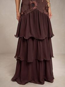 Silquee Women's Jacquard Ruffle Hem Elegant Spaghetti Strap Dress Wedding Dinner Party Night Dark Brown Summer - Coffee Brown - View 6