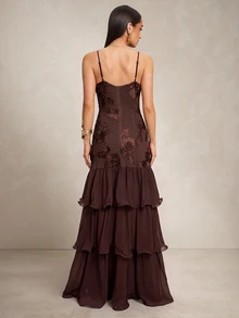 Silquee Women's Jacquard Ruffle Hem Elegant Spaghetti Strap Dress Wedding Dinner Party Night Dark Brown Summer - Coffee Brown - View 3
