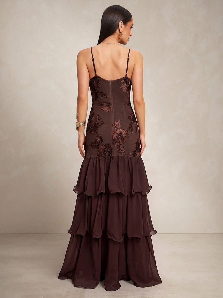 Silquee Women's Jacquard Ruffle Hem Elegant Spaghetti Strap Dress Wedding Dinner Party Night Dark Brown Summer - Coffee Brown - View 2