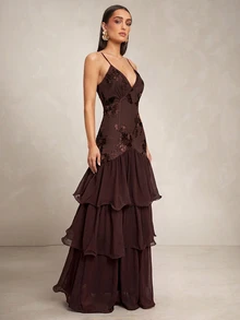 Silquee Women's Jacquard Ruffle Hem Elegant Spaghetti Strap Dress Wedding Dinner Party Night Dark Brown Summer - Coffee Brown - View 7