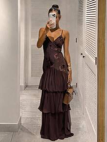 Silquee Women's Jacquard Ruffle Hem Elegant Spaghetti Strap Dress Wedding Dinner Party Night Dark Brown Summer - Coffee Brown - View 5