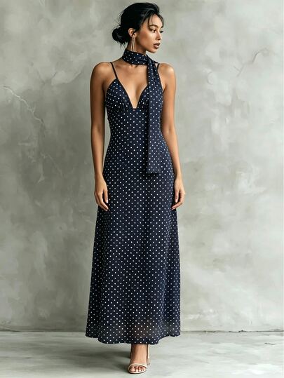 Jade & Ember Women's Summer Elegant Sexy Polka Dot Print Backless Spaghetti Strap Dress