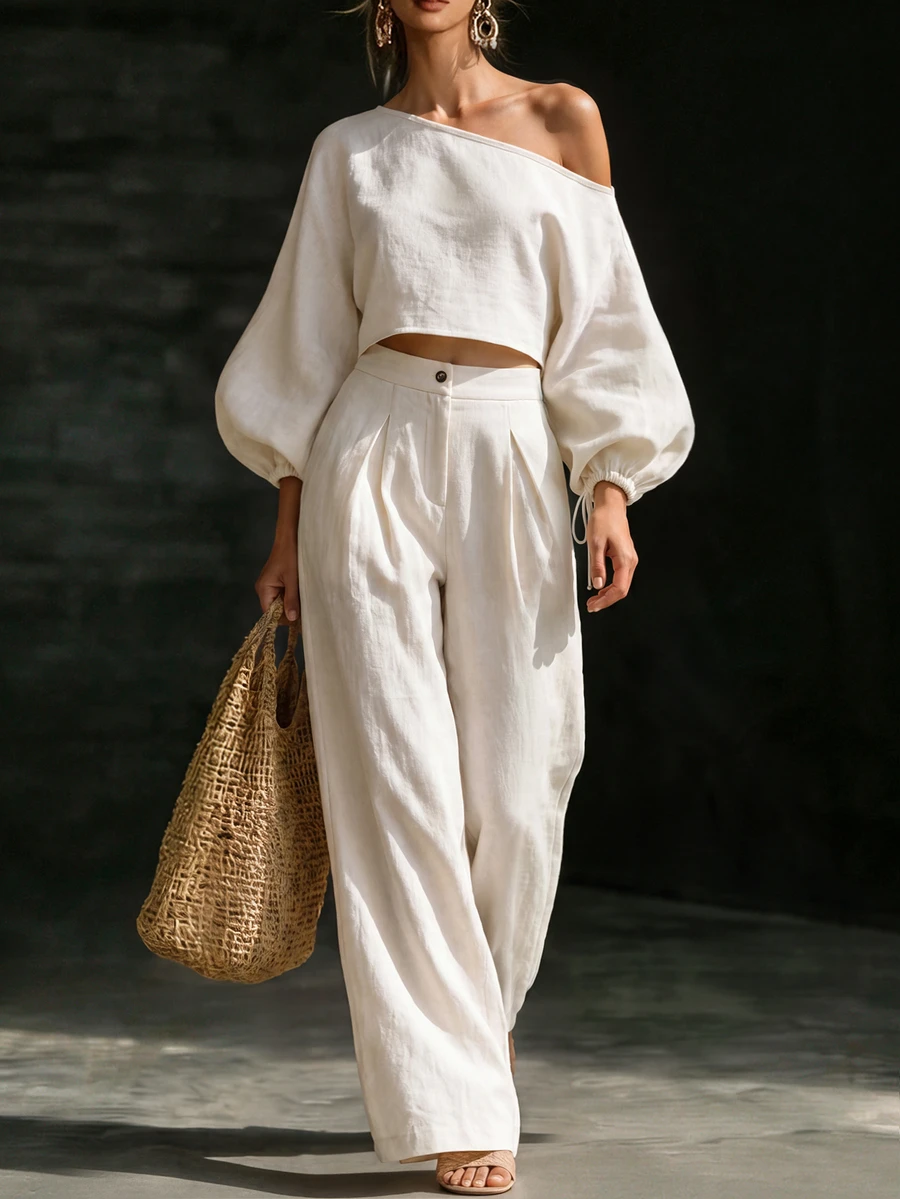 SHEIN Women's Solid Color Asymmetric Neck Lantern Sleeve Top And Long Pants Casual Daily Mid-Calf - Khaki - View 1