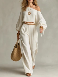 SHEIN Women's Solid Color Asymmetric Neck Lantern Sleeve Top And Long Pants Casual Daily Mid-Calf - Khaki - View 4