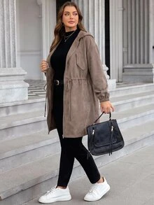 SHEIN LUNE Plus Size Plain Color Hooded Zipper Front Casual Long Sleeve Jacket Plus Size Fall Clothes - Brown - View 1