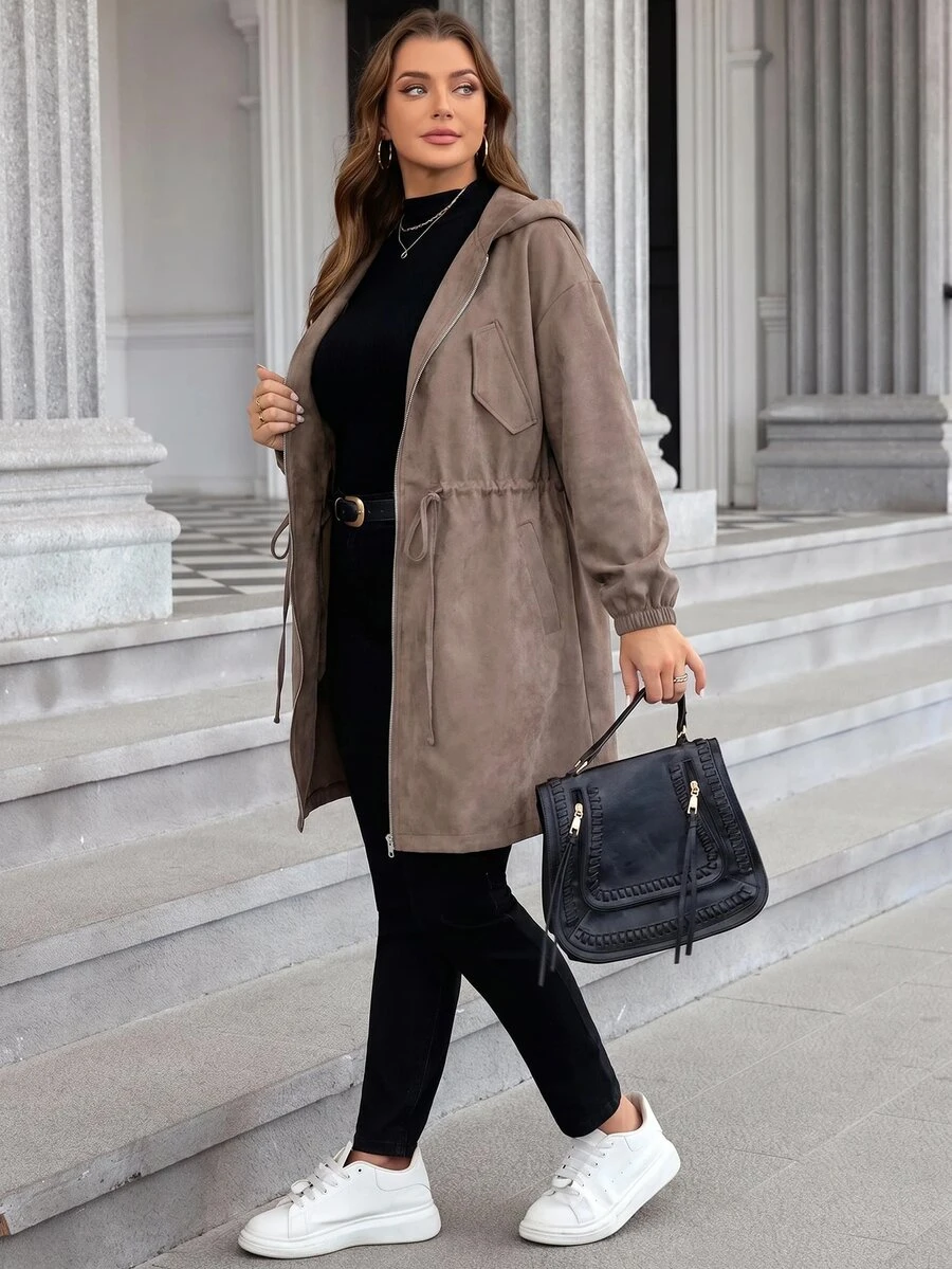 SHEIN LUNE Plus Size Plain Color Hooded Zipper Front Casual Long Sleeve Jacket Plus Size Fall Clothes - Brown - View 1