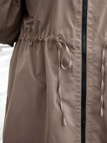 SHEIN LUNE Plus Size Plain Color Hooded Zipper Front Casual Long Sleeve Jacket Plus Size Fall Clothes - Brown - View 6