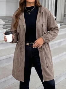 SHEIN LUNE Plus Size Plain Color Hooded Zipper Front Casual Long Sleeve Jacket Plus Size Fall Clothes - Brown - View 4