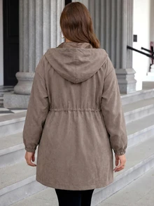 SHEIN LUNE Plus Size Plain Color Hooded Zipper Front Casual Long Sleeve Jacket Plus Size Fall Clothes - Brown - View 2