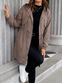 SHEIN LUNE Plus Size Plain Color Hooded Zipper Front Casual Long Sleeve Jacket Plus Size Fall Clothes - Brown - View 5