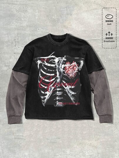 Casual Men's Colorblock Patchwork Skeleton Print T-Shirt