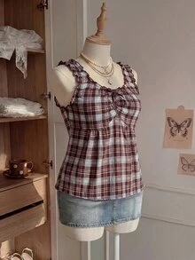 Comfortcana Spring/Summer Sweet Sexy Vacation Style Red & White Plaid Plus Size Tank Top With Bow Decor - Multicolor - View 3