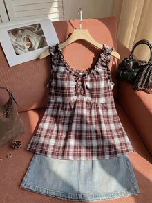 Comfortcana Spring/Summer Sweet Sexy Vacation Style Red & White Plaid Plus Size Tank Top With Bow Decor - Multicolor - View 5