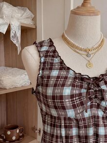 Comfortcana Spring/Summer Sweet Sexy Vacation Style Red & White Plaid Plus Size Tank Top With Bow Decor - Multicolor - View 8