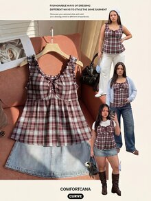 Comfortcana Spring/Summer Sweet Sexy Vacation Style Red & White Plaid Plus Size Tank Top With Bow Decor - Multicolor - View 10