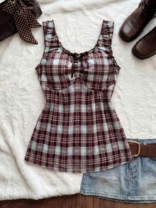 Comfortcana Spring/Summer Sweet Sexy Vacation Style Red & White Plaid Plus Size Tank Top With Bow Decor - Multicolor - View 7