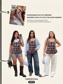Comfortcana Spring/Summer Sweet Sexy Vacation Style Red & White Plaid Plus Size Tank Top With Bow Decor - Multicolor - View 2