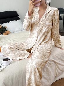SHEIN 女款泡泡皺褶印花開襟領睡衣套裝 - 黃色 - 查看 1