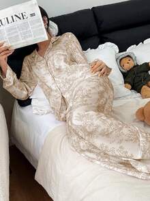 SHEIN 女款泡泡皺褶印花開襟領睡衣套裝 - 黃色 - 查看 4